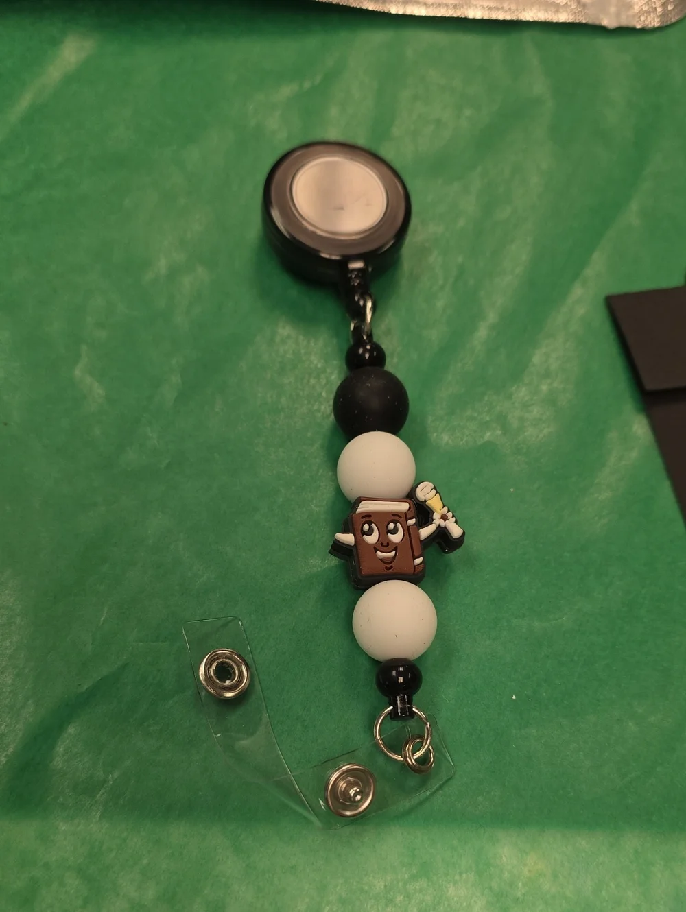 Black and White Beaded Retractable Badge Reel with Coffee Cup Charm